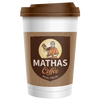 A white and brown paper coffee cup with a brown lid, featuring a printed logo for 'MATHAS Coffee' on the front, isolated on a white background.